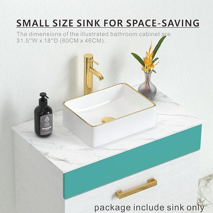 J-FAMILY 14.5'' x 10.6'' Small Vessel Sink Bathroom Above Counter White Porcelain Ceramic Rectangular Sink Bowl Gold Trim Decoration Small Vanity Sink Lavatory Wash Basin