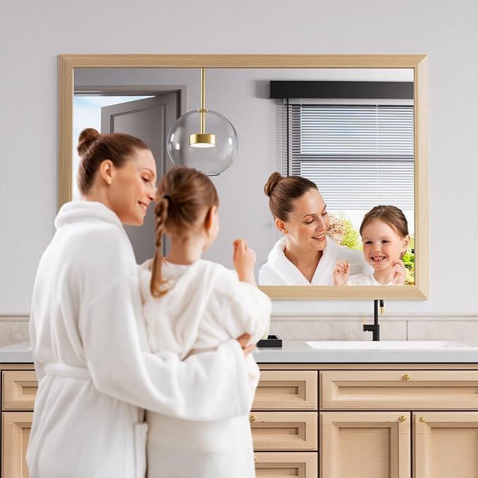 Bathroom Mirror, 60" X40" (Oak Wood Grain) | Metal Frame Mirror for Wall, HD Reflection, Anti-Rust, Horizontally/Vertically, Suitable for Bathroom, Farmhouse, Entryway