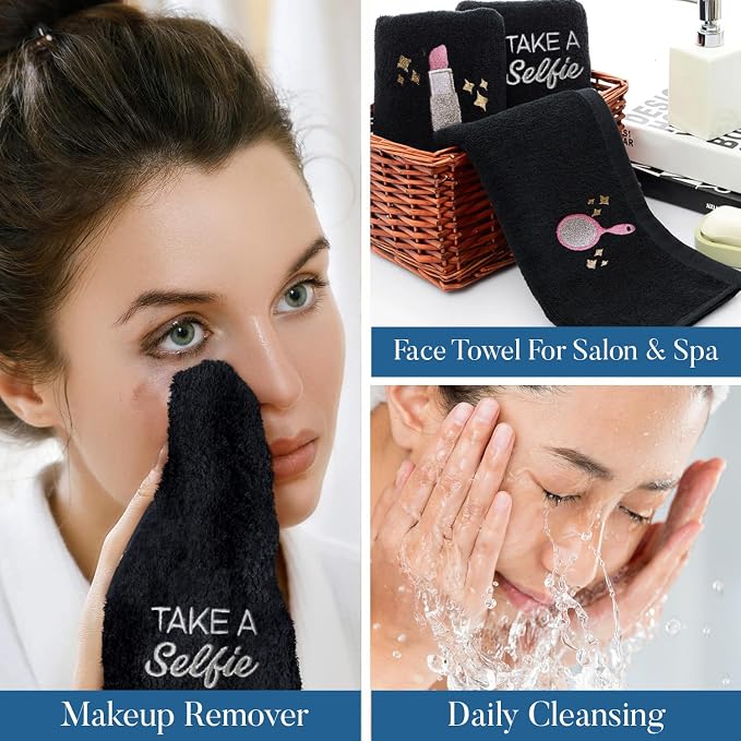 DAN River Black Makeup Towels - Pack of 6 (13x13 in) - Ultra Soft Cotton Face Towels with Embroidery - Reusable, Quick-Dry & Machine Washable Makeup Remover Cloths for Bathroom, Spa & Salon