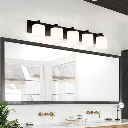 mirrea 38-Inch 5-Light Black Vanity Lights for Bathroom, Vanity Lighting Fixtures with Etched White Glass Shades