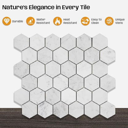 Carrara White Marble Mosaic Tile for Kitchen Bathroom Wall 2" Hexagon 5 Pcs | Water & Heat Resistant Polished Marble Backsplash Tiles for Wall Floor Fireplace Surround Durable Unique Veins 4.1SQFT