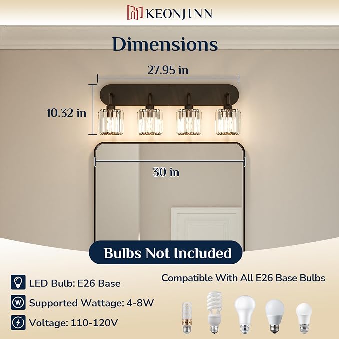 Keonjinn 4-Light Black Bathroom Light Fixtures Over Mirror, Crystal | Vanity Lighting Fixture with Crystal Square Shades, Dimmable, Modern Style, Compatible with E26 Base LED Bulbs (Exclude Bulb)