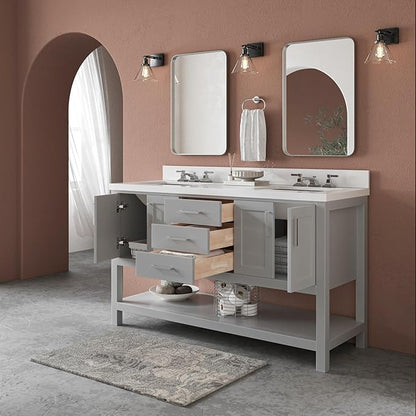 ARIEL Magnolia 60-inch Bathroom Vanity with Sink,Solid Wood, 1.5-inch Pure White Quartz Countertop & Backsplash, Double Rectangular Porcelain Sink, 4 Soft Closing Doors, 3 Dovetail Drawers, Grey