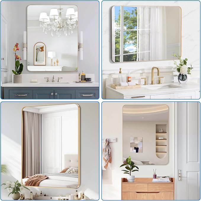Brushed Gold Bathroom Mirror for Over Sink, 30" x 40" Framed Rectargular Wall-Mounted Bathroom Mirrors for Vanity, Decorative, Farmhouse, Restroom, Horizontally or Vertically Hanging