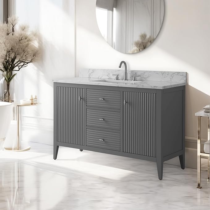 Vanity Art 48 inch Bathroom Vanity with Single Sink & Ceramic Top, Vanity Cabinet with Soft-Closing Door, Solid Wood Frame, Linear Pattern, Cashmere Gray, Golden Brushed Handware VA9148-G-GB