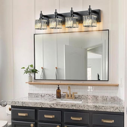 Black Crystal Bathroom Vanity Light 4-Light Modern Bathroom Lighting Fixtures Over Mirror Black Wall Sconce with Square Shade