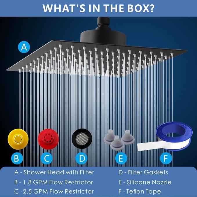 Voolan Rain Shower Head with Filtered - High Flow Bathroom Rainfall Filter Showerhead For Hard Water, Upgraded 304 Stainless Steel Construction (10"Square, Matte Black)