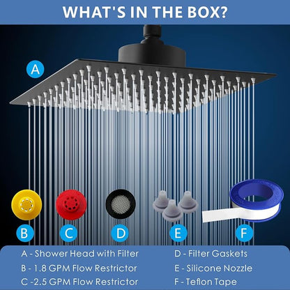 Voolan Rain Shower Head with Filtered - High Flow Bathroom Rainfall Filter Showerhead For Hard Water, Upgraded 304 Stainless Steel Construction (12"Square, Matte Black)