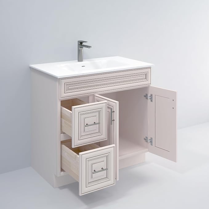 36” Antique White Bathroom Vanity Base – Ready-to-Assemble Sink Cabinet with Drawers, Raised Panel Storage, Base Only, No Top or Sink