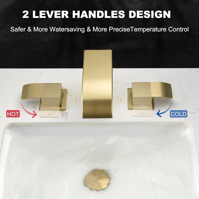 Brushed Gold 8 Inch Waterfall Bathroom Faucet - Bathroom Faucets for Sink 3 Hole, Widespread Bathroom Sink Faucet 2 Handles, Modern Vanity Faucets, with cUPC Supply Lines