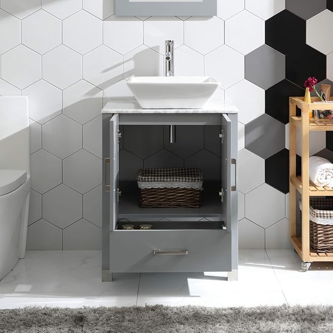 24" Gray Bathroom Vanity with Sink Combo, Solid Wood Cabinet with Ceramic Sink, Marble Countertop, Chrome Faucet, Mirror, Painted Finish
