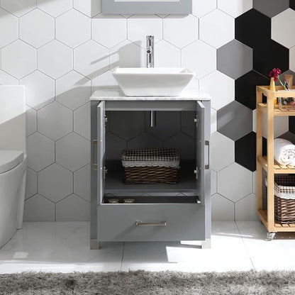 24" Gray Bathroom Vanity with Sink Combo, Solid Wood Cabinet with Ceramic Sink, Marble Countertop, Chrome Faucet, Mirror, Painted Finish