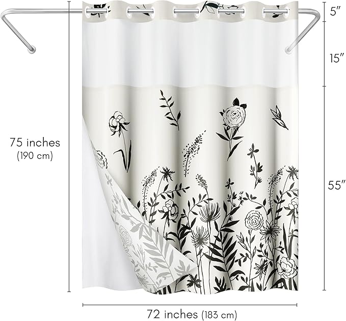 Americanflat 72x75 Hookless Shower Curtain - Water-Resistant Floral Shower Curtain with Sheer Panel, Snap-in Liner, and Grommets - 100% Polyester - Botanical Bathroom Curtains - Black and Ivory