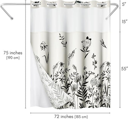 Americanflat 72x75 Hookless Shower Curtain - Water-Resistant Floral Shower Curtain with Sheer Panel, Snap-in Liner, and Grommets - 100% Polyester - Botanical Bathroom Curtains - Black and Ivory