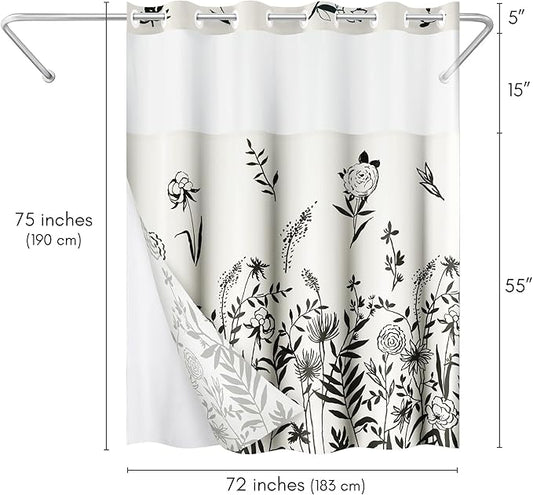 Americanflat 72x75 Hookless Shower Curtain - Water-Resistant Floral Shower Curtain with Sheer Panel, Snap-in Liner, and Grommets - 100% Polyester - Botanical Bathroom Curtains - Black and Ivory