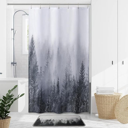 ORTIGIA 36x72 Misty Forest Stall Shower Curtain for Small Bathroom, Grey Half Size Narrow Nature Woodland Shower Curtain Set with Hooks, Waterproof Fabric Pine Tree Fog Magic Home Bath Curtain