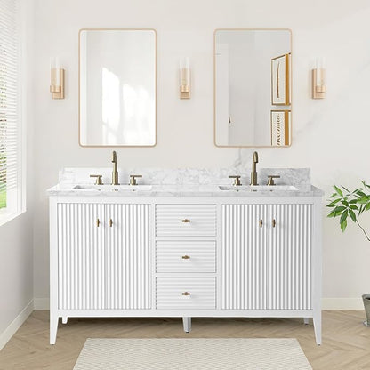 HOMEBEYOND 60" Bathroom Vanity with Double Sink, Solid Wood Bathroom Vanity Free-Standing Cabinet, Ceramic Top & Soft Closing Door, Golden Brushed Handware, White