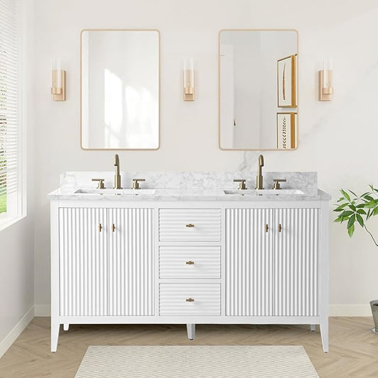HOMEBEYOND 60" Bathroom Vanity with Double Sink, Solid Wood Bathroom Vanity Free-Standing Cabinet, Ceramic Top & Soft Closing Door, Golden Brushed Handware, White