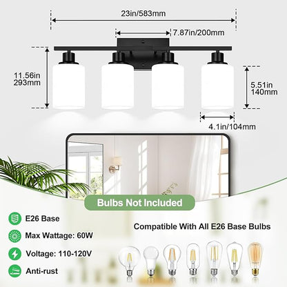 4-Light Bathroom Light Fixtures, Matte Black Vanity Lights with Milk Glass Shades, Modern Bathroom Wall Lamp for Mirror Living Room Bedroom Porch
