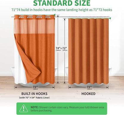 eachope No Hook Fabric Shower Curtain with Snap-in Liner,71x74 Burnt Orange | Linen Texture,230GSM Thick Fabric,Hotel Luxury Decor,Mesh Window,Bottom magnetic ,Waterproof & Machine Washable,for Bathroom