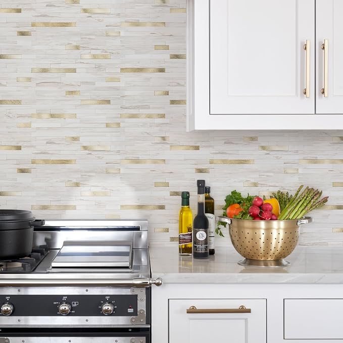 STICKGOO 2 Sheets Peel and Stick Backsplash Tile, Stick on Backsplash for Kitchen and Bathroom, Glossy Eurasian Wood Grain PVC Mixed Metal Gold Self Adhesive Wall Tiles