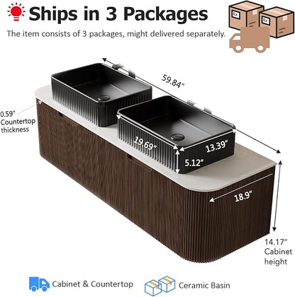 60" Floating Bathroom Vanity with Sink, Wall-Mount Cabinet with 2 Large Storage Drawer, 2 Black Rectangular Ceramic Basins and Marble Top, Soft-Close Design, Dark Walnut