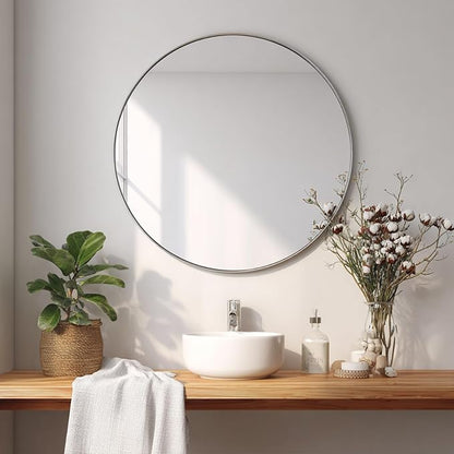 Big Circle Mirror 34 inch, Nickel Round Mirror, Brushed Metal Frame | Brushed Silver Metal Frame, High Definition Mirror, Easy installation, Suitable for Bedroom, Hallway, Entryway, Living Room