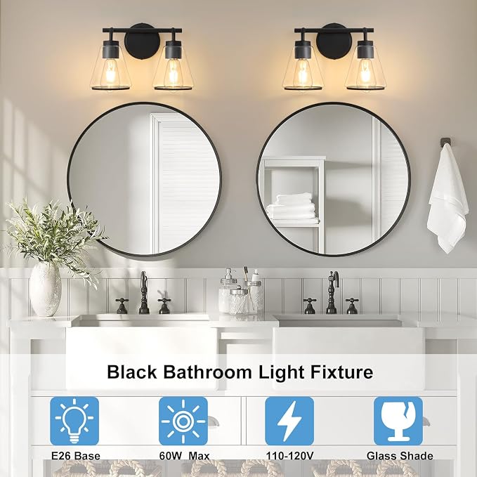 Black Bathroom Vanity Light 2 Lights Bathroom Light Fixtures Over Mirror | Vanity Lighting Fixtures with Clear Glass Shade, 14 inch Modern Vanity Lights for Bathroom, Wall Sconce Lights for Bedroom