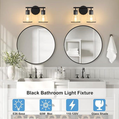 Black Bathroom Vanity Light 2 Lights Bathroom Light Fixtures Over Mirror | Vanity Lighting Fixtures with Clear Glass Shade, 14 inch Modern Vanity Lights for Bathroom, Wall Sconce Lights for Bedroom
