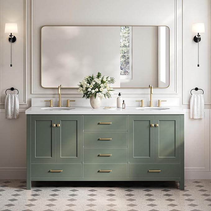 ARIEL Cambridge 72-inch Bathroom Vanity with Sink,Solid Wood, 1.5-inch Pure White Quartz Countertop & Backsplash, Double Oval Porcelain Sink, 4 Soft Closing Doors, 6 Dovetail Drawers, Vintage Green