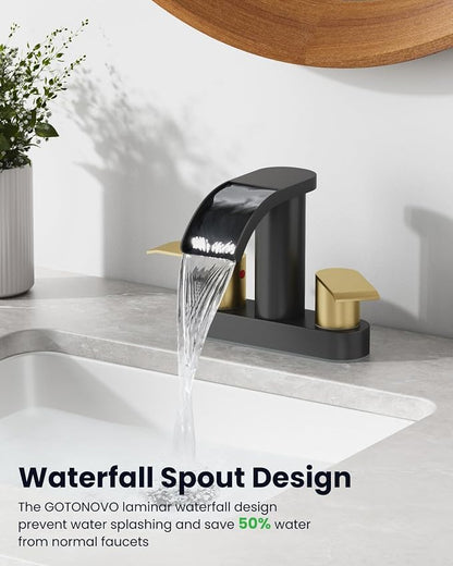 gotonovo 4’’ Centerset Bathroom Sink Faucet Waterfall Black&Brushed Gold | SUS304 Bathroom Faucet,2.17’’ Wide Spout,24’’ cUPC Water Line,Pop up Drain,2 Handle,Basin,Vanity,RV,Lavatory 2 or 3 Hole Sink