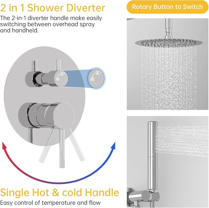 BESy Shower System with 10 Inch Round Rain Shower Head and Handheld Wall Mounted, High Pressure Rainfall Shower Faucet Fixture Combo Set with 2 in 1 Handheld Showerhead for Bathroom, Chrome