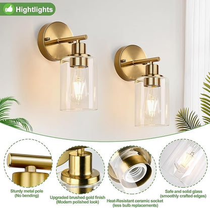 Set of 2 Wall Sconces for Bathroom, Brushed Gold Modern Vanity Lights with Clear Glass Shade,Bathroom Wall Lamp for Mirror Kitchen Living Room Hallway Cabinet Porch