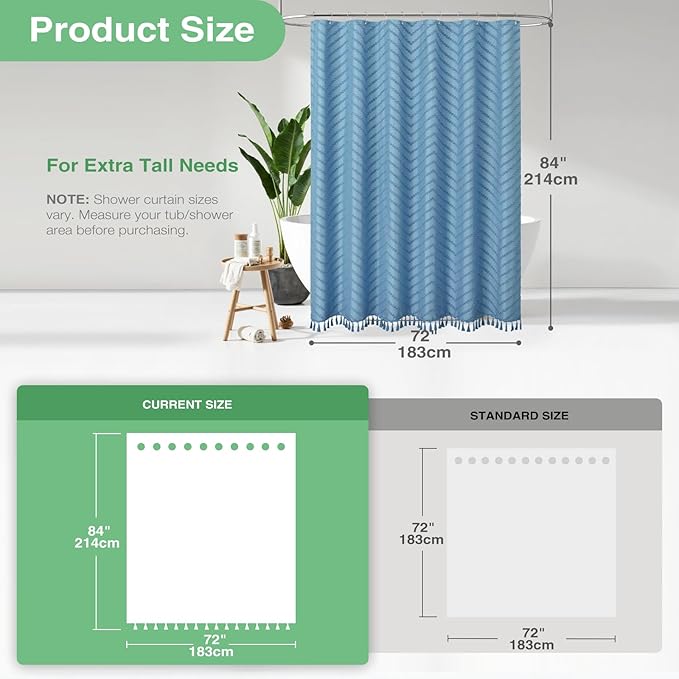 Dynamene Extra Long Shower Curtain, 84 Inch Long Boho Tufted Chevron Striped Fabric Shower Curtain for Bathroom, Tall Shabby Chic Waterproof Cloth Shower Curtain Set with Hook, Moonlight Blue, 72x84