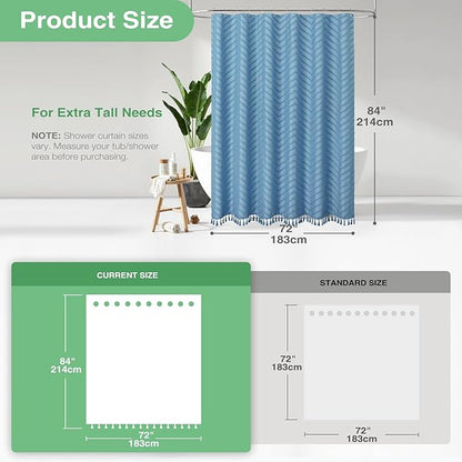 Dynamene Extra Long Shower Curtain, 84 Inch Long Boho Tufted Chevron Striped Fabric Shower Curtain for Bathroom, Tall Shabby Chic Waterproof Cloth Shower Curtain Set with Hook, Moonlight Blue, 72x84