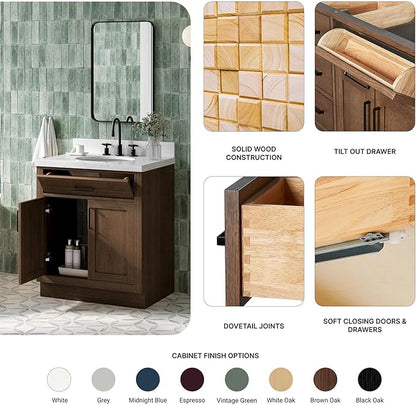 ARIEL Hepburn 30-inch Bathroom Vanity Base Cabinet,Solid Wood, 2 Soft Closing Doors, 1 Dovetail Drawers, Brown Oak