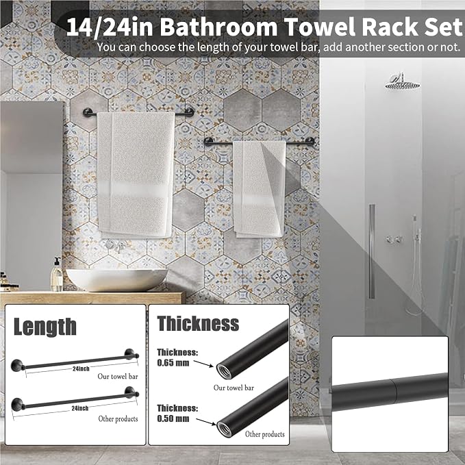Newfun 8-Pieces 24 Inch Matte Black Bathroom Hardware Set | Bathroom Accessory Set, Includes 24" Adjustable Bath Towel Bar, Towel Rings Wall Mounted, Toilet Paper Holder, Towel Hooks