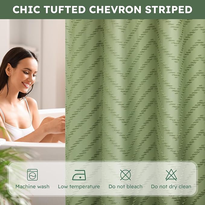 FADOTY Green No Hook Shower Curtain Set with Snap in Liner, 71'' x 74'' | Bathroom Hotel Fabric Curtain, Waterproof Washable Liner, See Through Top Window, Ringless Chevron Tufted Cloth Curtain
