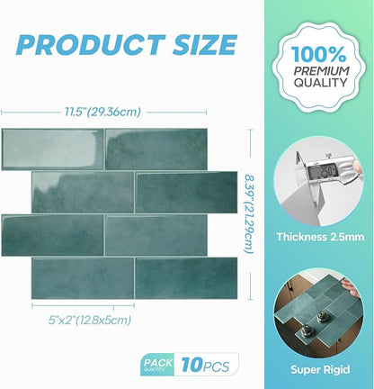 STICKGOO 10-Sheet Subway Peel and Stick Backsplash Tiles Muted Teal | Waterproof 3D PVC wall tiles with strong adhesive, extra thick for kitchen backsplash and bathroom walls