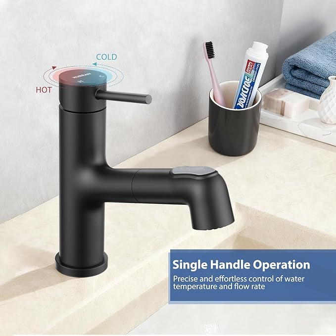 HURRAN Pull Out Bathroom Faucet, Single Handle Basin Mixer Tap with 2 Modes, Utility Sink Faucet with Deck Plate, Stainless Steel, Matte Black