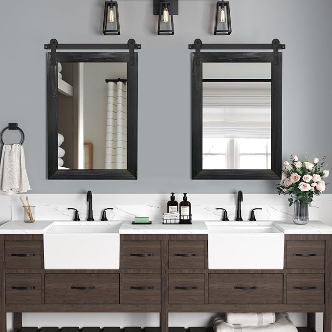 COGOOD Farmhouse Bathroom Mirrors for Over Sink - 38 x 25 Black | Rustic Barn Door Wood Framed Vanity Mirror for Entryway, Living Room, Bedroom, Dresser Wall Decor