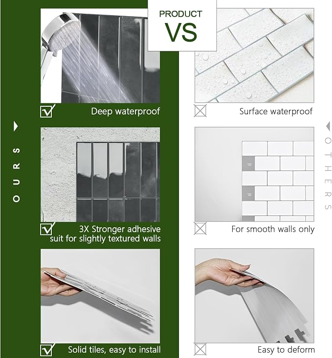 STICKGOO 10-Sheet Peel and Stick Backsplash Tile(Thicker Design) | Self Adhesive Vinyl Wall Tiles, 3D DIY Subway Tiles, Stick on Backsplash for Kitchen (Marquina Black)