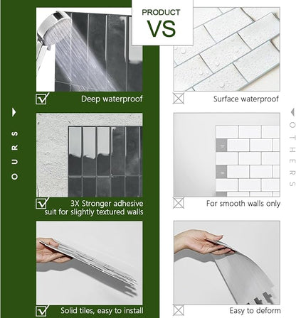 STICKGOO 10-Sheet Peel and Stick Backsplash Tile(Thicker Design) | Self Adhesive Vinyl Wall Tiles, 3D DIY Subway Tiles, Stick on Backsplash for Kitchen (Marquina Black)