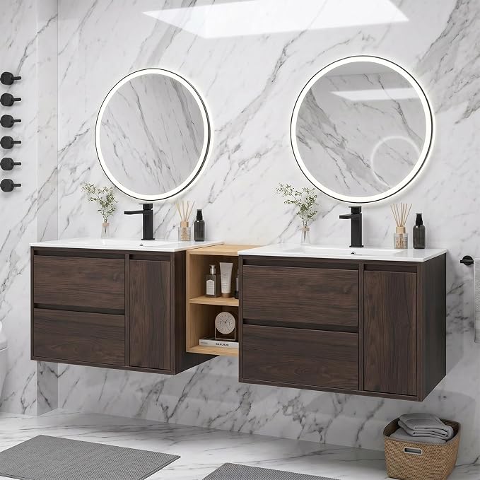 72 Modern Floating Double Sink Bathroom Vanity, Wall-Mounted with Seamless Ceramic Top, Rounded Corners, Full-Extension Soft-Close Drawers & Concealed Drainage (Wood color, 72 inch)
