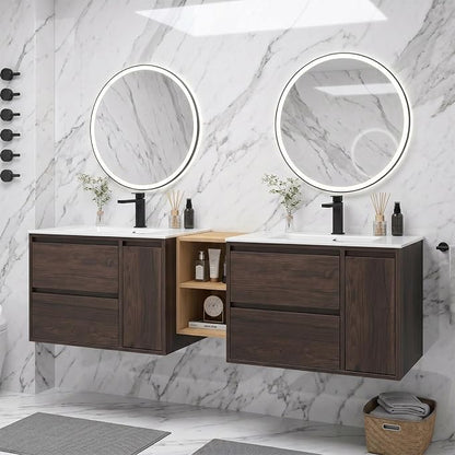 72 Modern Floating Double Sink Bathroom Vanity, Wall-Mounted with Seamless Ceramic Top, Rounded Corners, Full-Extension Soft-Close Drawers & Concealed Drainage (Wood color, 72 inch)