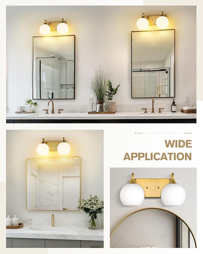 Emak Globe Bathroom Light Fixtures, Brushed Gold Vanity Lights with Milk Glass Shade, Modern 2-Light Wall Sconce for Bathroom, Mirror, VL118-BGD-ML-2