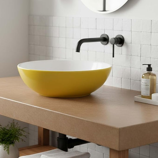 Fine Fixtures Bathroom Sink - 16 Inch Round Ceramic Vessel Sink, Modern Textured Interior Bowl Design, Perfect Sink for Bathroom Vanity, Yellow Wash Basin