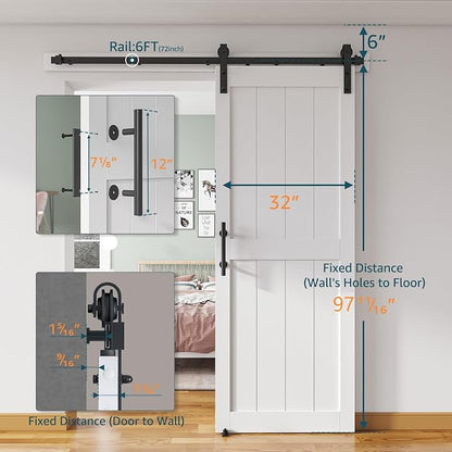32''x96'' Sliding Barn Door with 6 Ft Barn Door Hardware Kit | Pre-Drilled Holes Easy Assembly - Include Installation Manual, Water-Proof PVC Surface, H-Frame, White