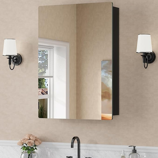 20x28 Inch Medicine Cabinet with Mirror, Recessed or Surface Mounted Bathroom Cabinets for Storage, 2 Fully Adjustable Tempered Glass Shelves, Soft-close DTC Hinges, HD Reflection Mirror Door, Black
