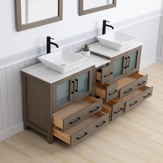 Vanity Art 72 Inch Vessel Double Sink Bathroom Vanity Cabinet with 2 Mirrors, Engineered Marble Top Bathroom Cabinet Compact Set with 7 Dovetail Drawers and Soft Closing Doors, VA3130-72DG